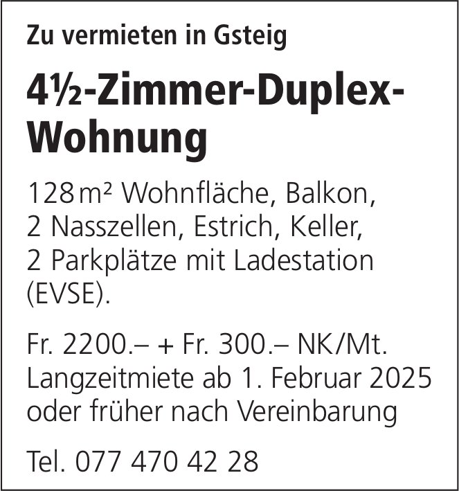 4.5-Zimmer-Duplex-Wohnung, Gsteig, zu vermieten