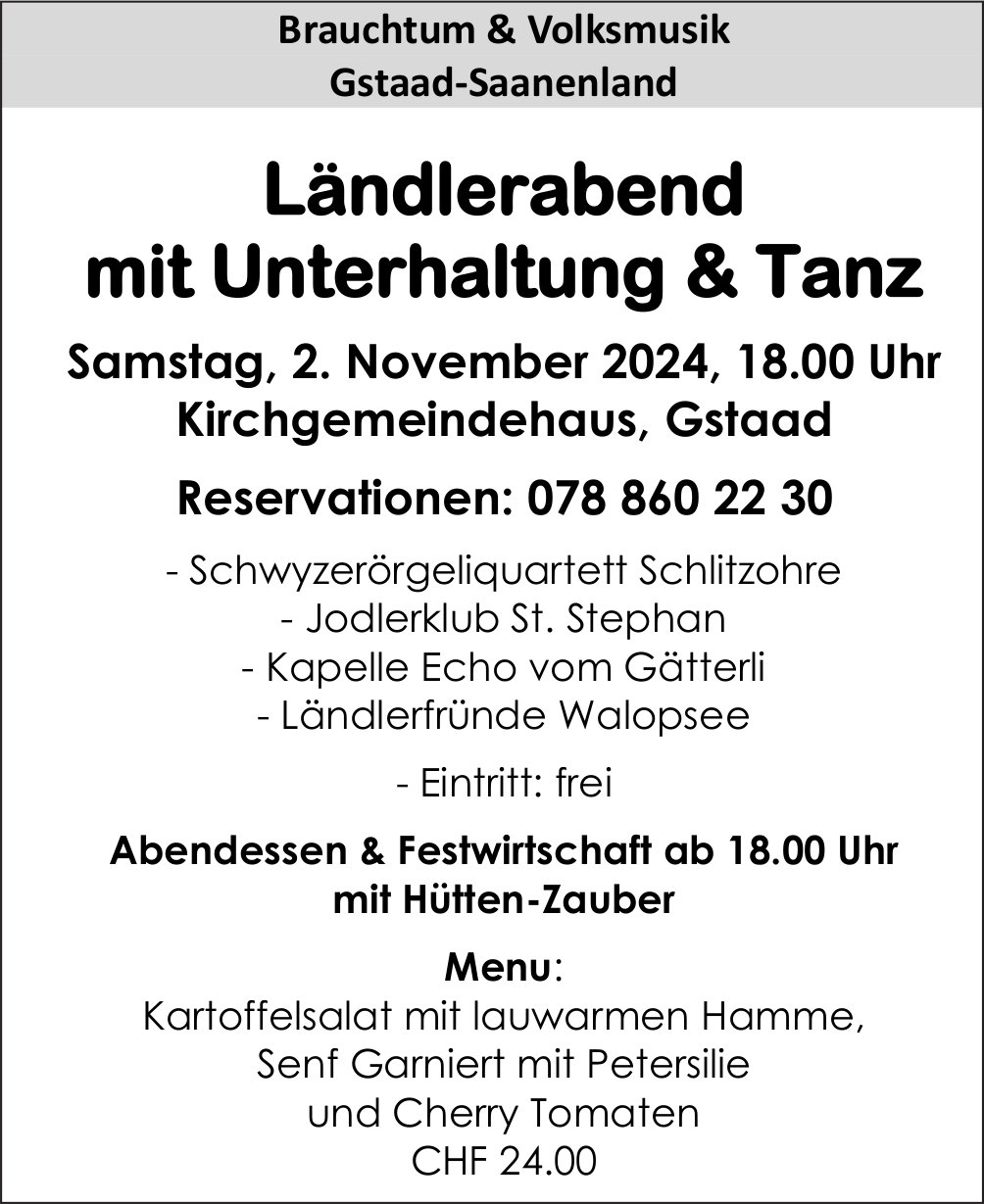 Ländlerabend mit Unterhaltung & Tanz, 2. November, Kirchgemeindehaus, Gstaad