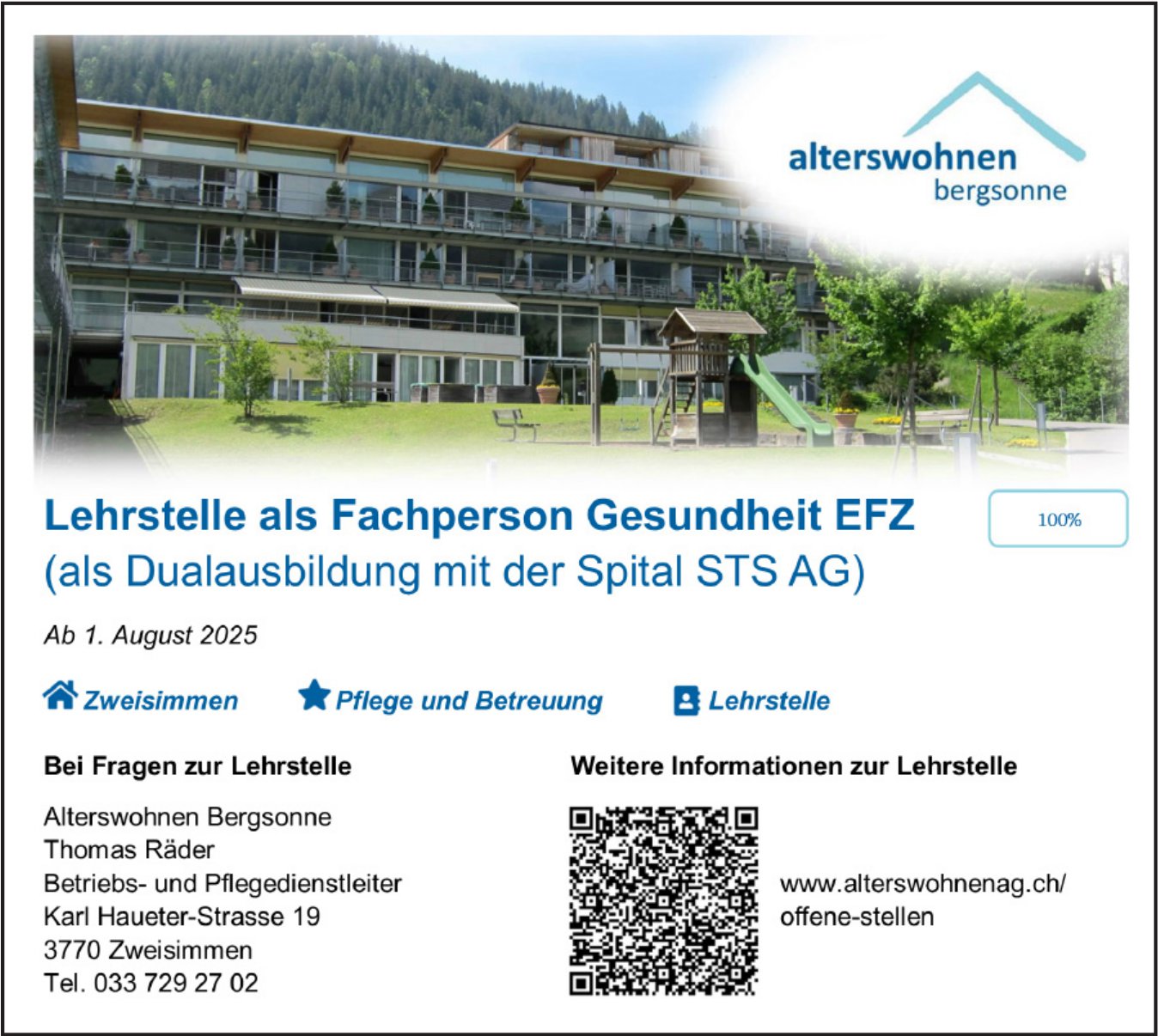 Lehrstelle als Fachperson Gesundheit EFZ, Alterswohnen Bergsonne, Zweisimmen, gesucht