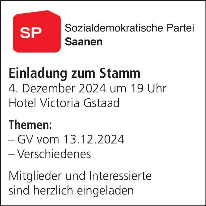 Einladung zum Stamm, 4. Dezember, Hotel Victoria, Gstaad