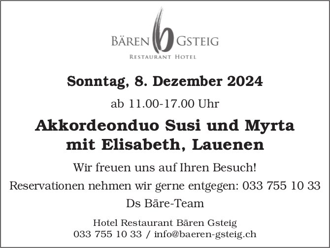 Akkordeonduo Susi und Myrta mit Elisabeth, Lauenen, 8. Dezember, Hotel Restaurant Bären, Gsteig