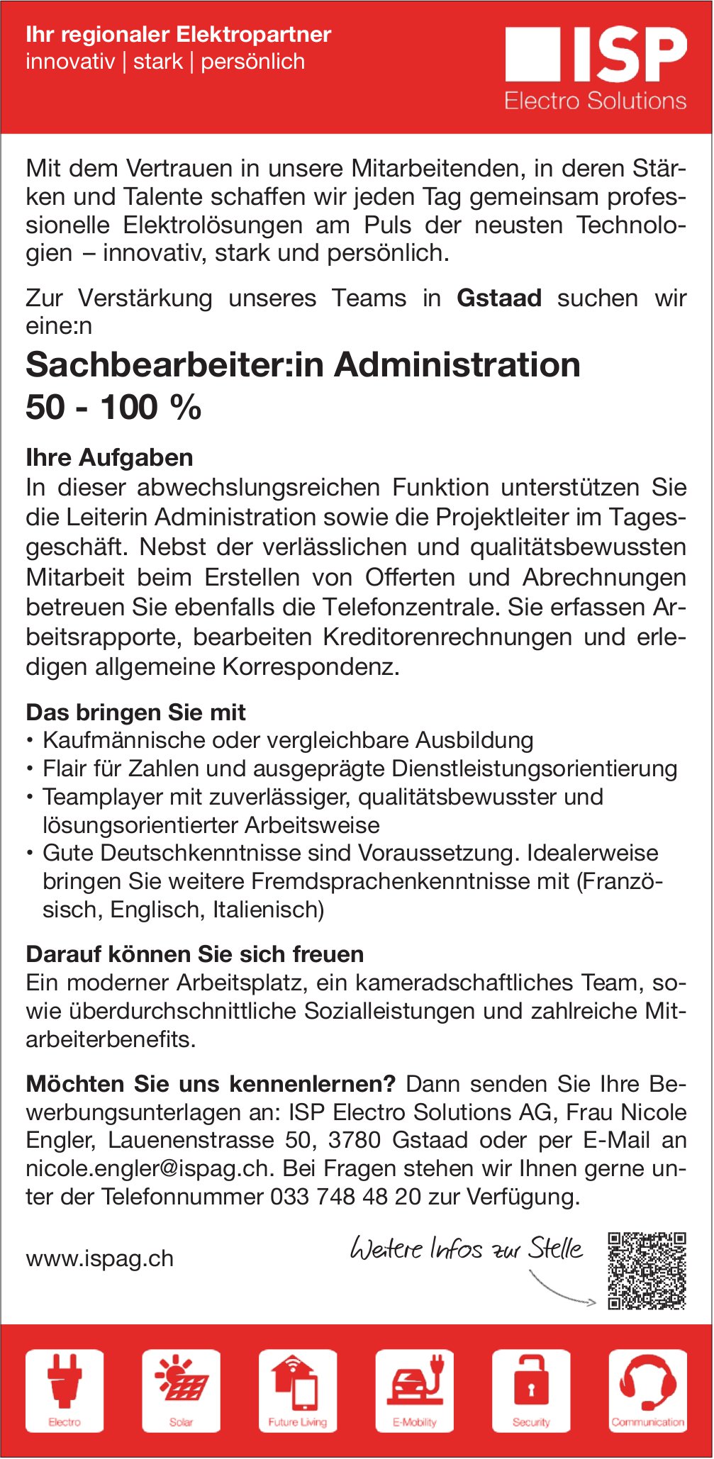 Sachbearbeiter:in Administration 50-100%, ISP Electro Solutions AG, Gstaad, gesucht