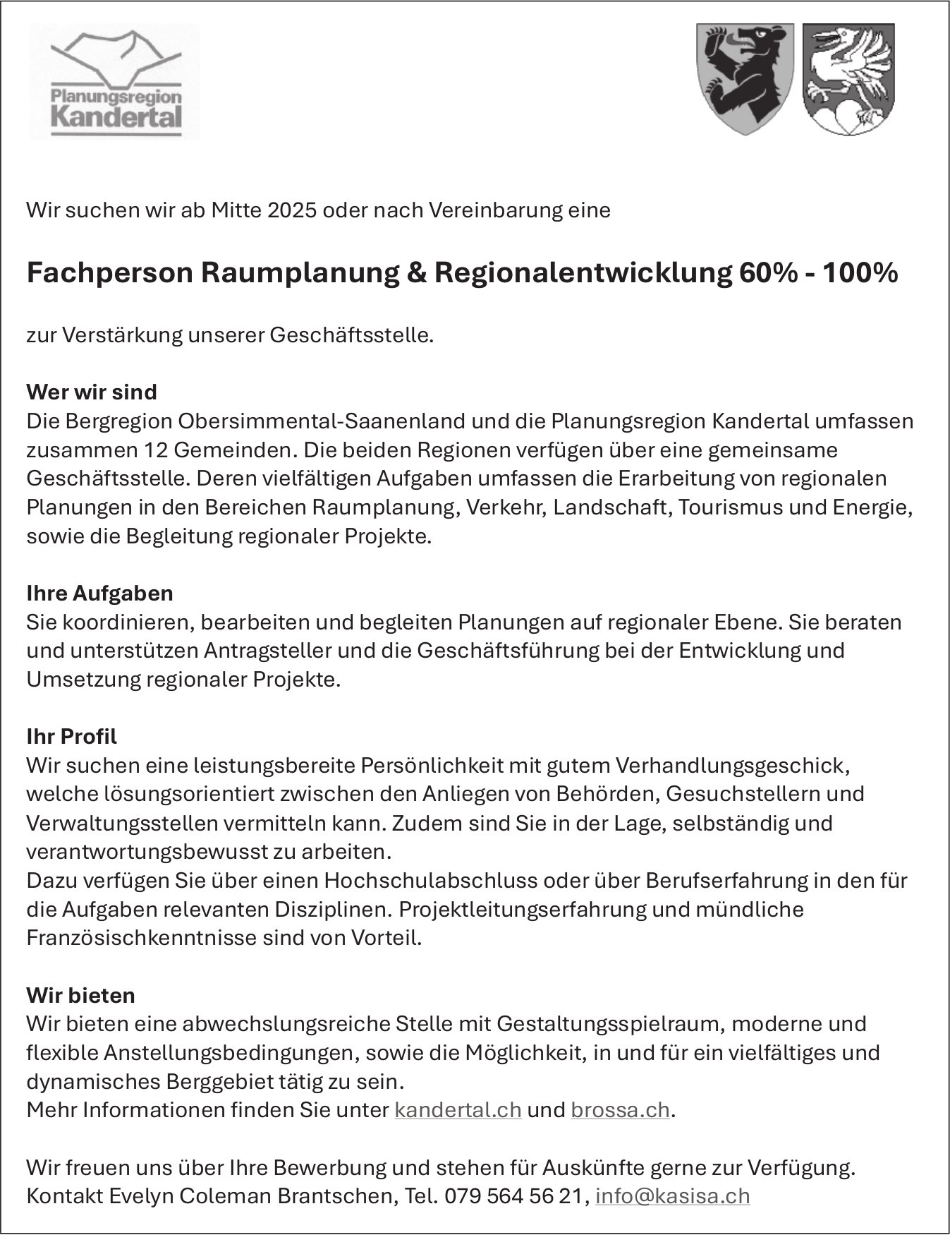 Fachperson Raumplanung & Regionalentwicklung 60%-100%, Planungsregion Kandertal, gesucht