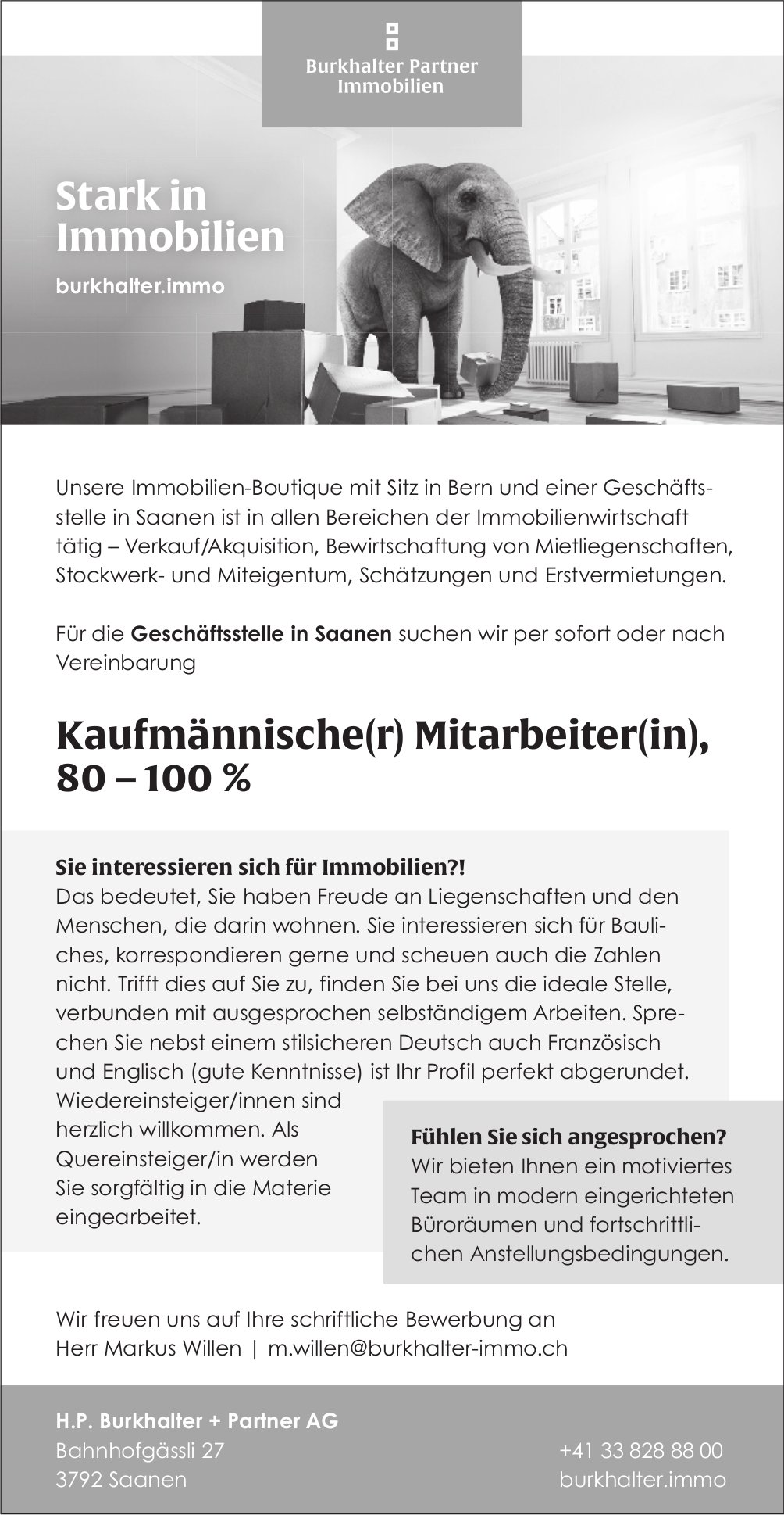 Kaufmännische(r) Mitarbeiter(in), 80–100%, H.P. Burkhalter + Partner AG, Saanen, gesucht