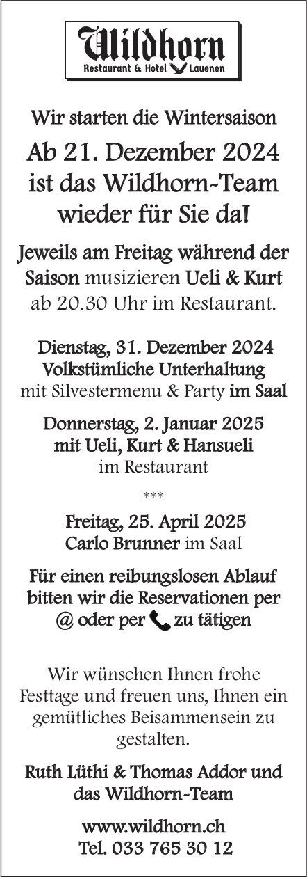 Restaurant & Hotel Wildhorn, Lauenen - Wir starten die Wintersaison