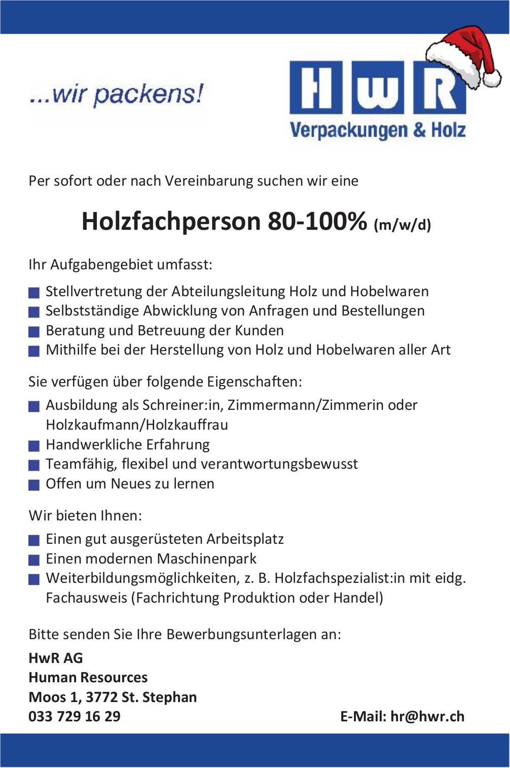 Holzfachperson 80-­100% (m/w/d), HwR AG, St. Stephan, gesucht