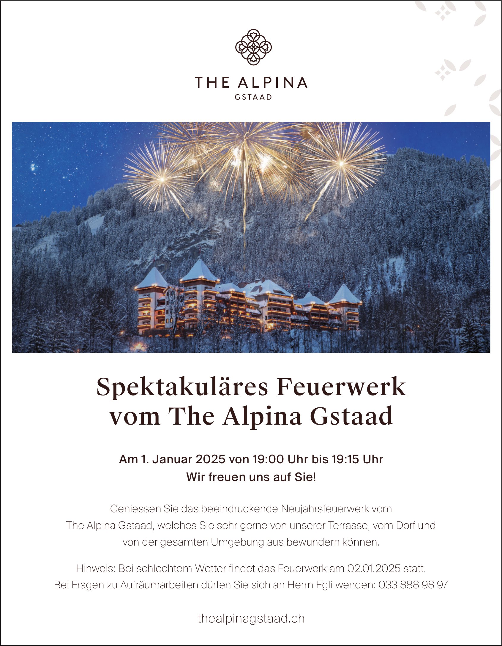 Spektakuläres Feuerwerk, 1. Januar, The Alpina, Gstaad