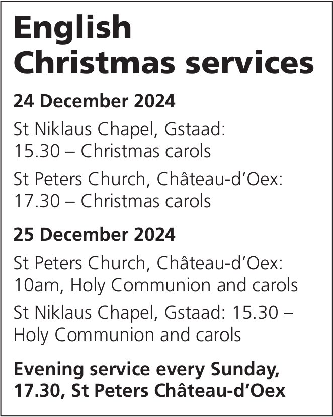 English Christmas services, 24 + 25 December, Gstaad & Château-d'Oex