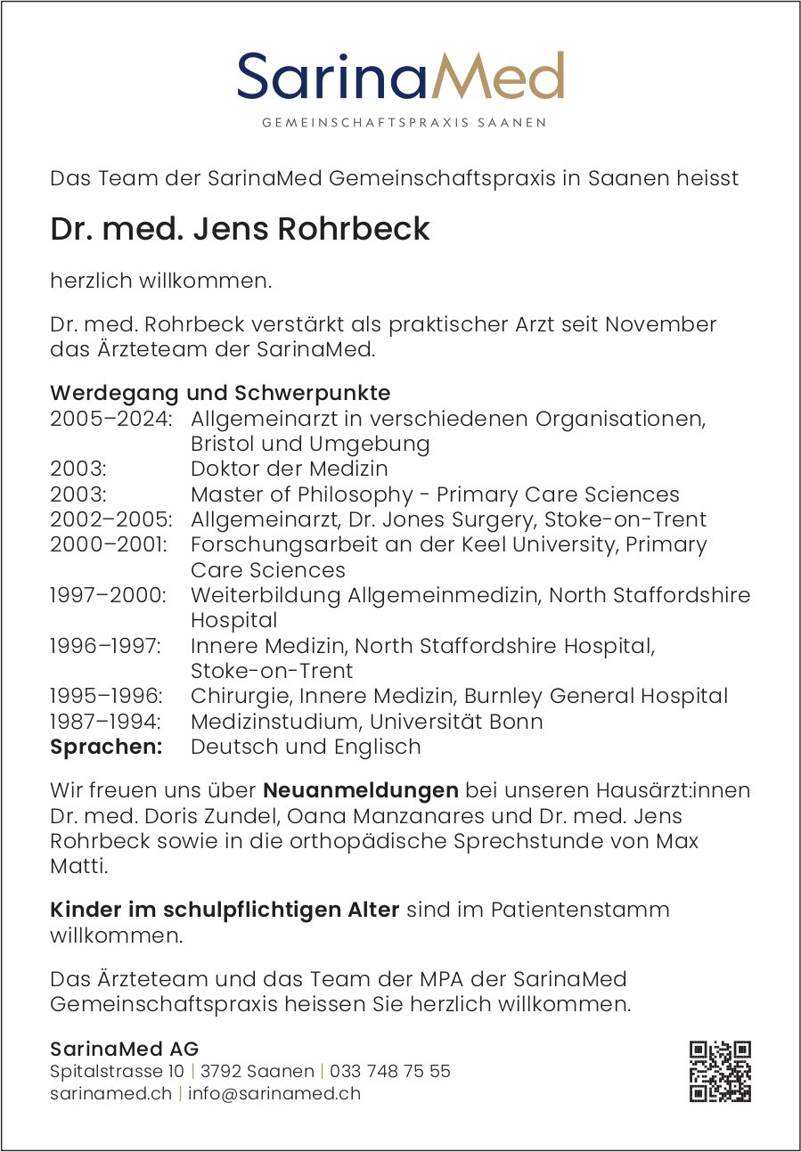 SarinaMed AG, Saanen - Herzlich willkommen Dr. med. Jens Rohrbeck