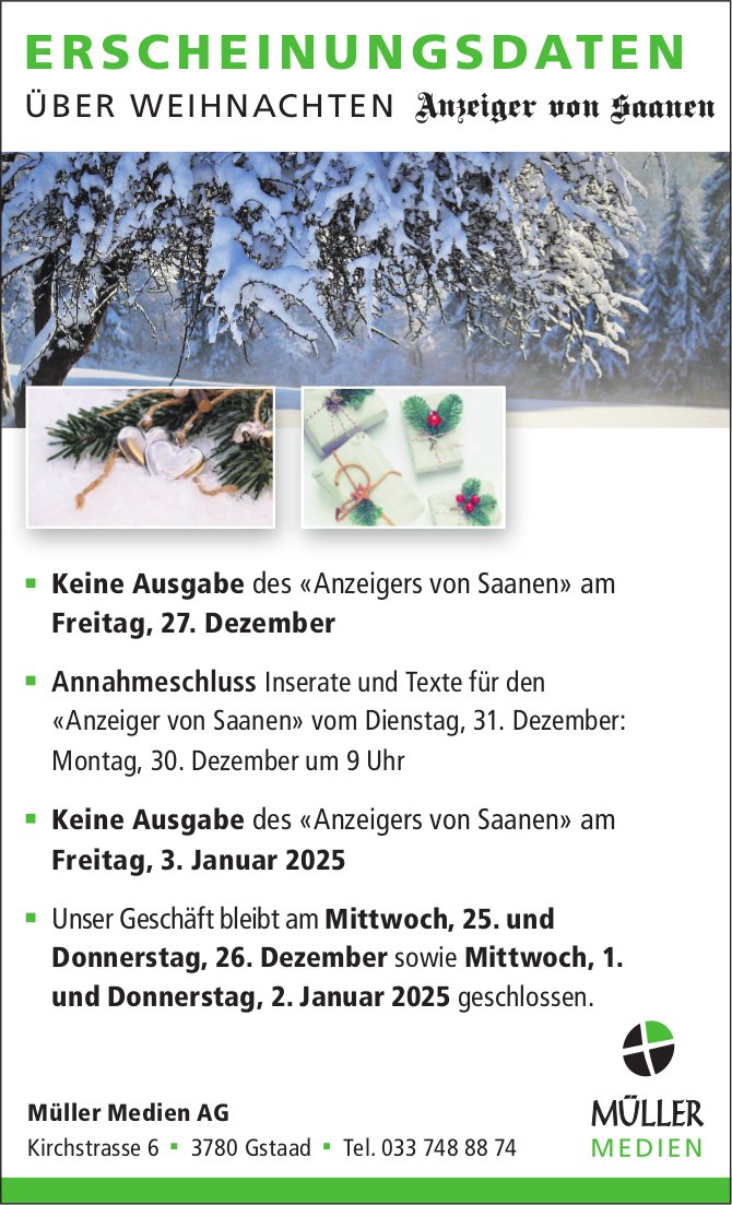 Müller Medien AG, Gstaad - Erscheinungsdaten über Weihnachten des Anzeigers von Saanen