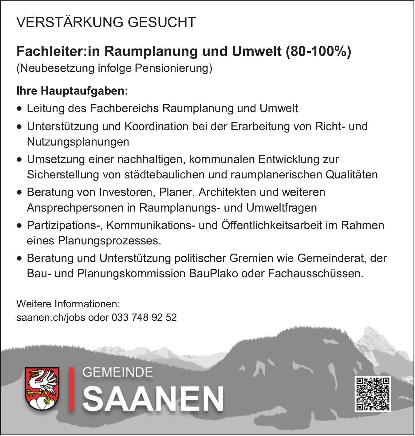 Fachleiter:in Raumplanung und Umwelt (80-100%), Gemeinde, Saanen, gesucht