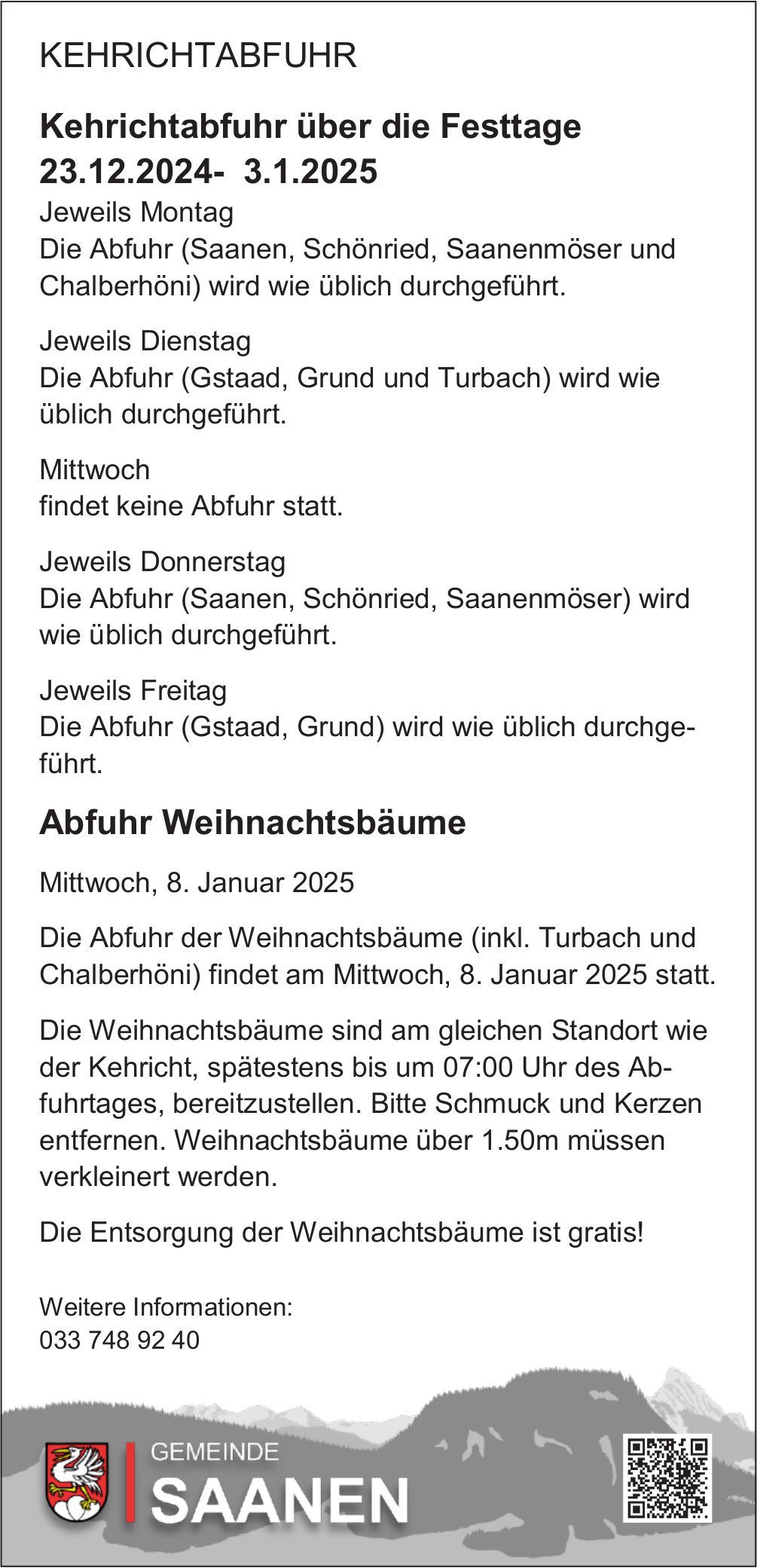 Gemeinde, Saanen - Kehrichtabfuhr über die Festtage & Abfuhr Weihnachtsbäume