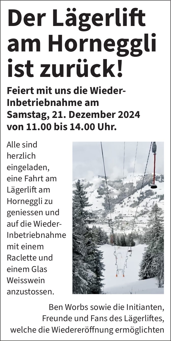 Der Lägerlift am Horneggli ist zurück!, 21. Dezember, Schönried