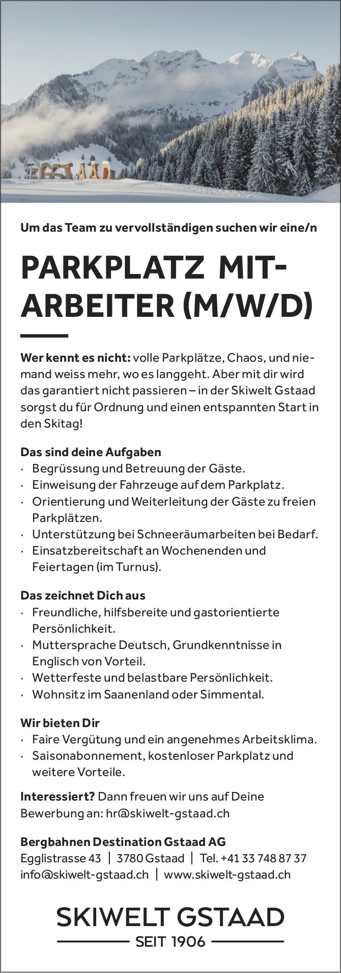 Parkplatz Mitarbeiter (m/w/d), Bergbahnen Destination Gstaad AG, gesucht