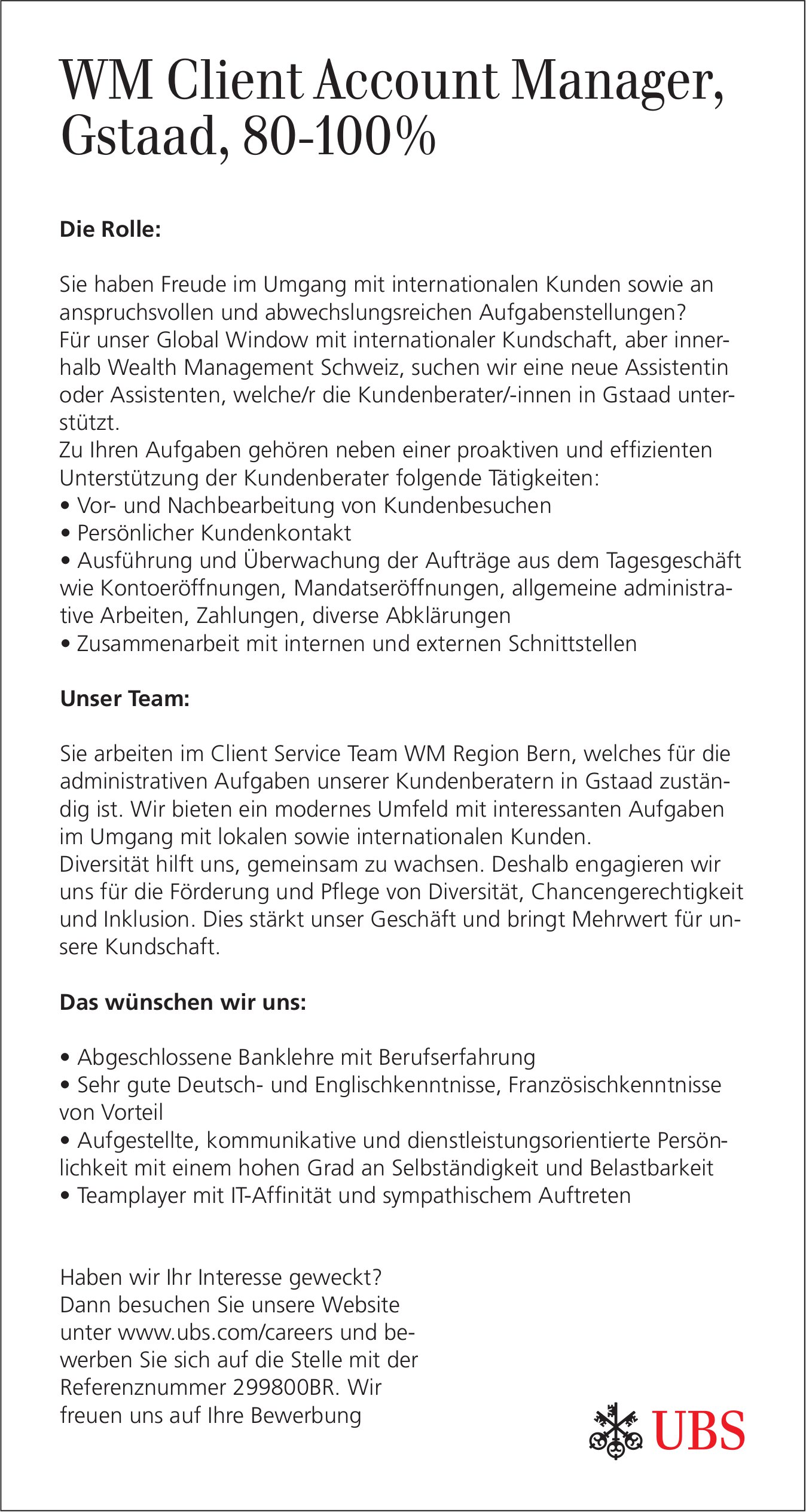 WM Client Account Manager, 80-100%, UBS, Gstaad, gesucht