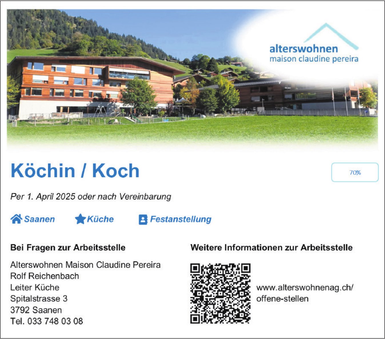 Köchin/Koch, Alterswohnen Maison Claudine Pereira, Saanen, gesucht