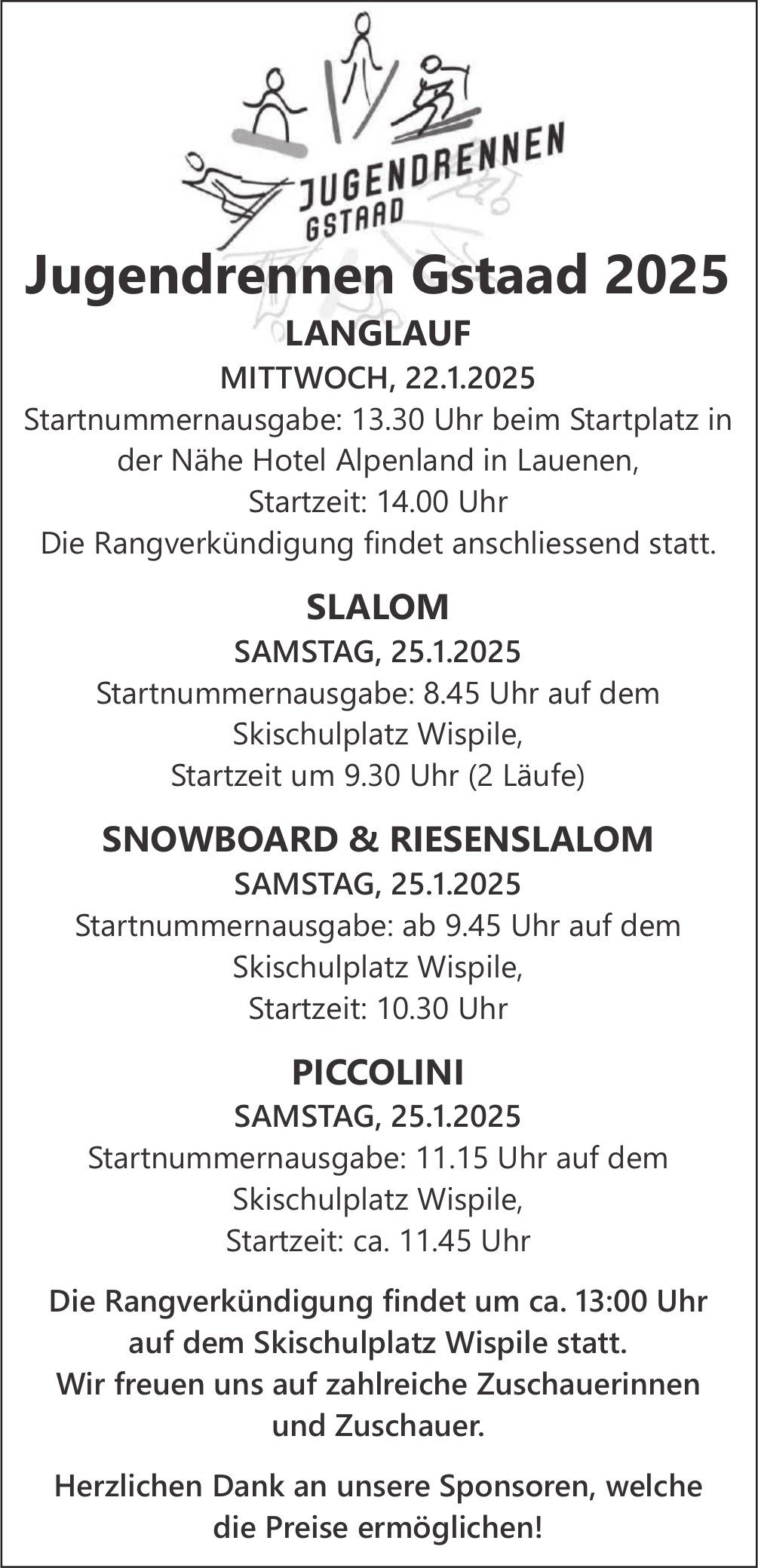 Jugendrennen Gstaad 2025, 22. - 25. Januar, Nähe Hotel Alpenland & Skischulplatz, Lauenen & Gstaad