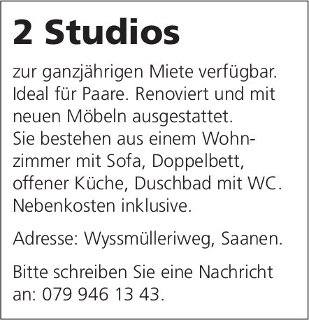 2 Studios, Saanen, zu vermieten