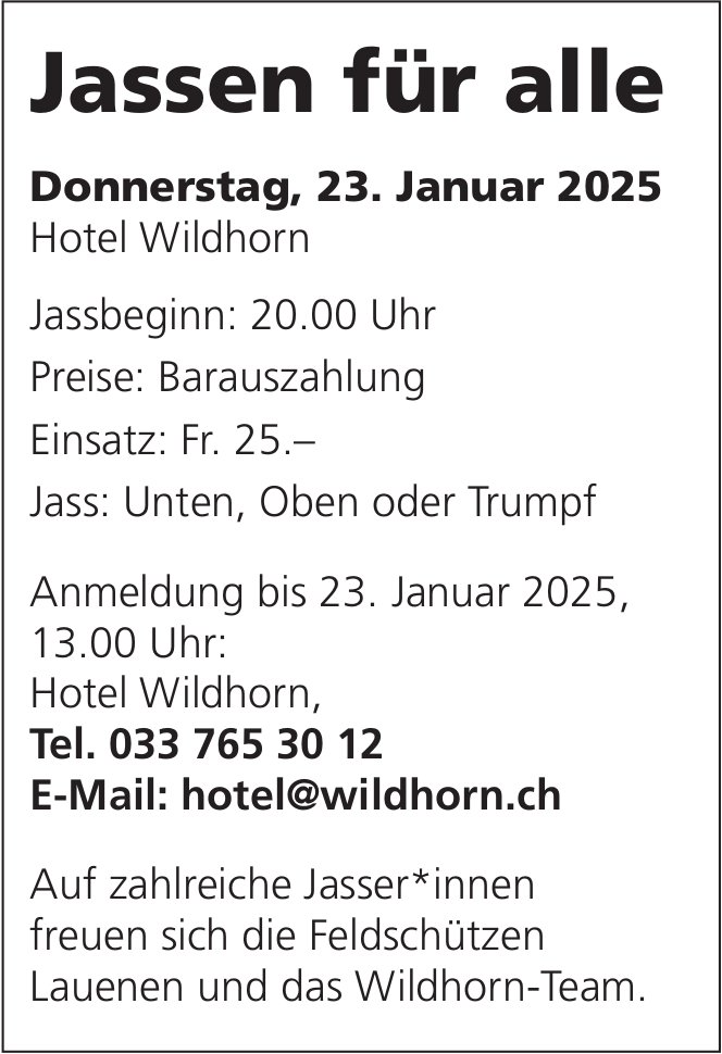 Jassen für alle, 23. Januar, Hotel Wildhorn, Lauenen