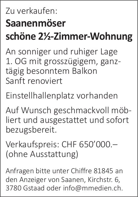 2.5-Zimmer-Wohnung, Saanenmöser, zu verkaufen