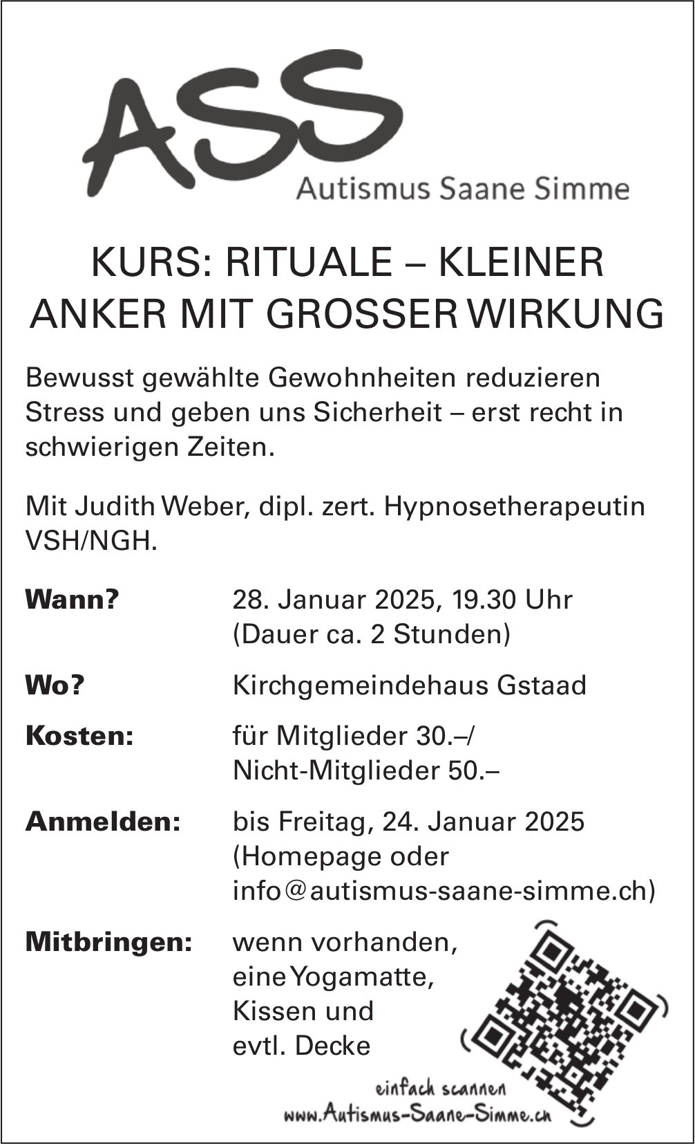 Kurs: Rituale – kleiner Anker mit grosser Wirkung, 28. Januar, Kirchgemeindehaus, Gstaad