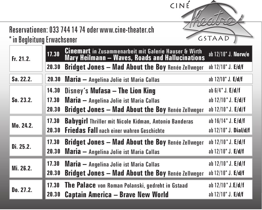 Kinoprogramm, 21. - 27. Februar, Ciné Theatre, Gstaad