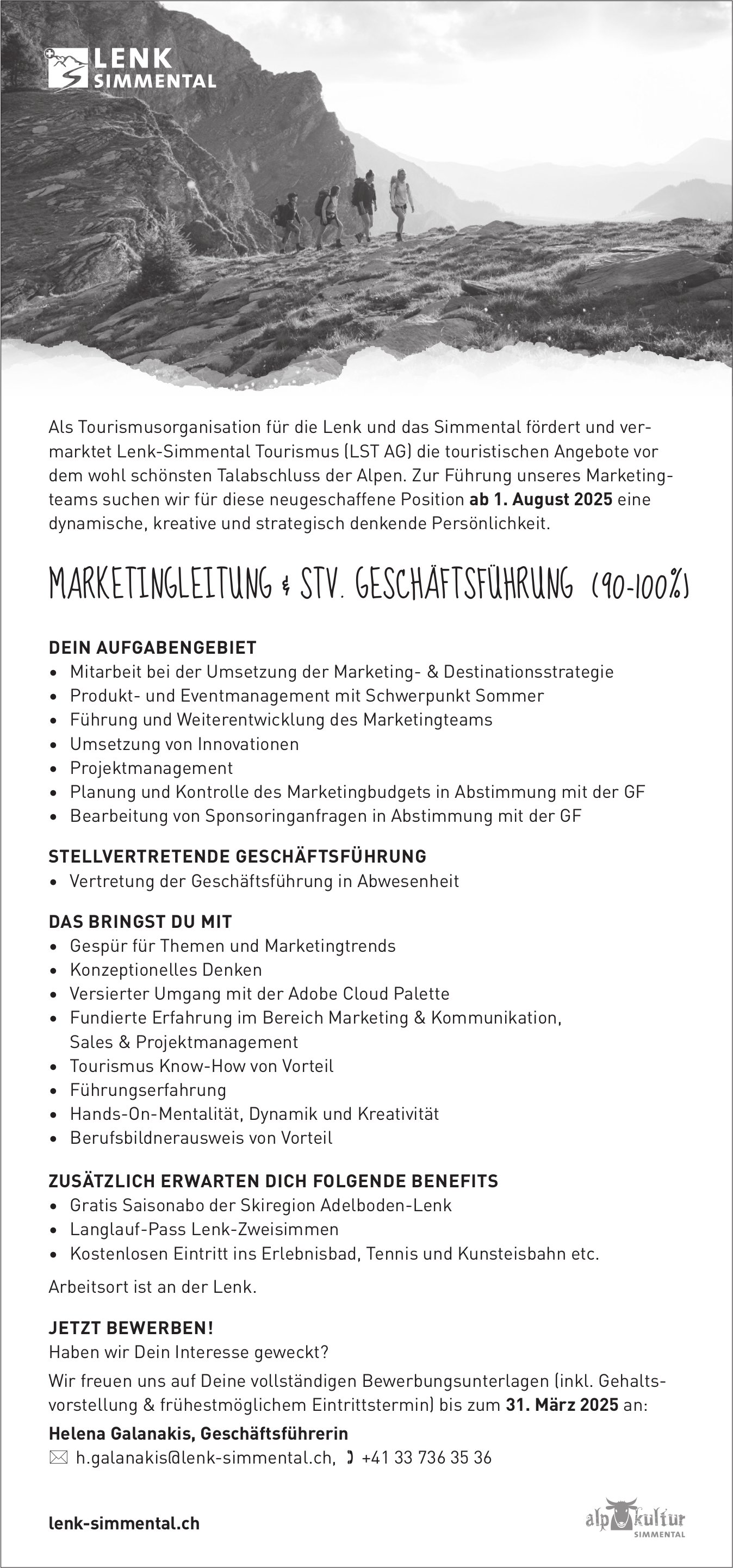 Marketingleitung & Stv. Geschäftsführung (90-100%), Tourismusorganisation, Lenk, gesucht