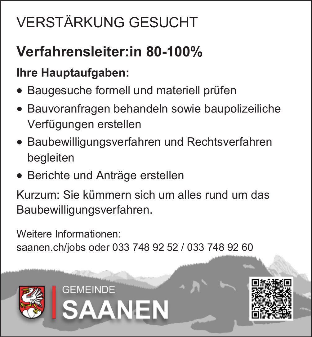 Verfahrensleiter:in 80-100%, Gemeinde, Saanen, gesucht