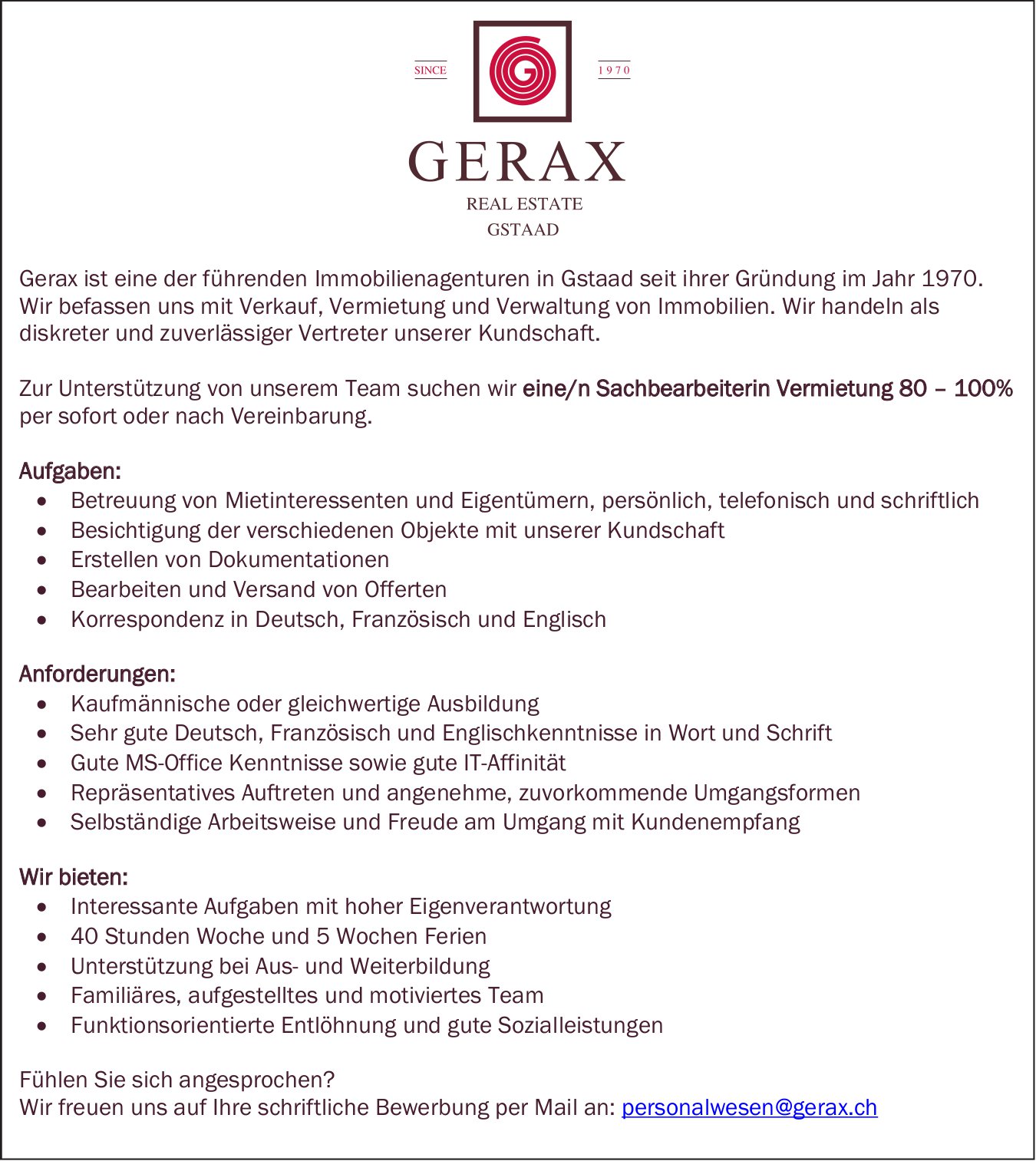 Sachbearbeiterin Vermietung 80-100%, Gerax Real Estate, Gstaad, gesucht