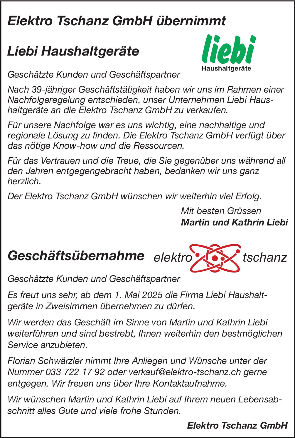 Elektro Tschanz GmbH, Zweisimmen - Elektro Tschanz GmbH übernimmt Liebi Haushaltgeräte