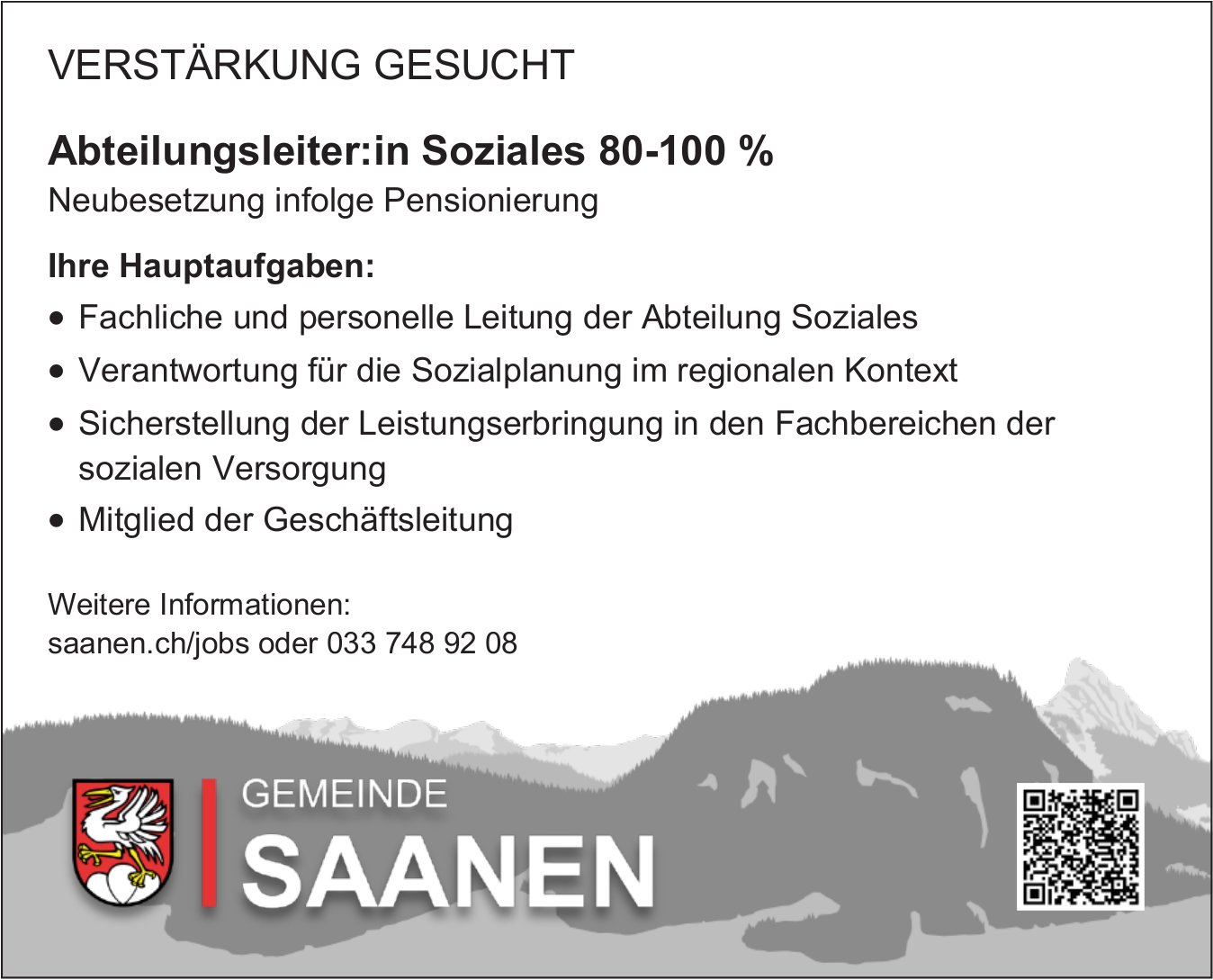 Abteilungsleiter:in Soziales 80-100%, Gemeinde, Saanen, gesucht