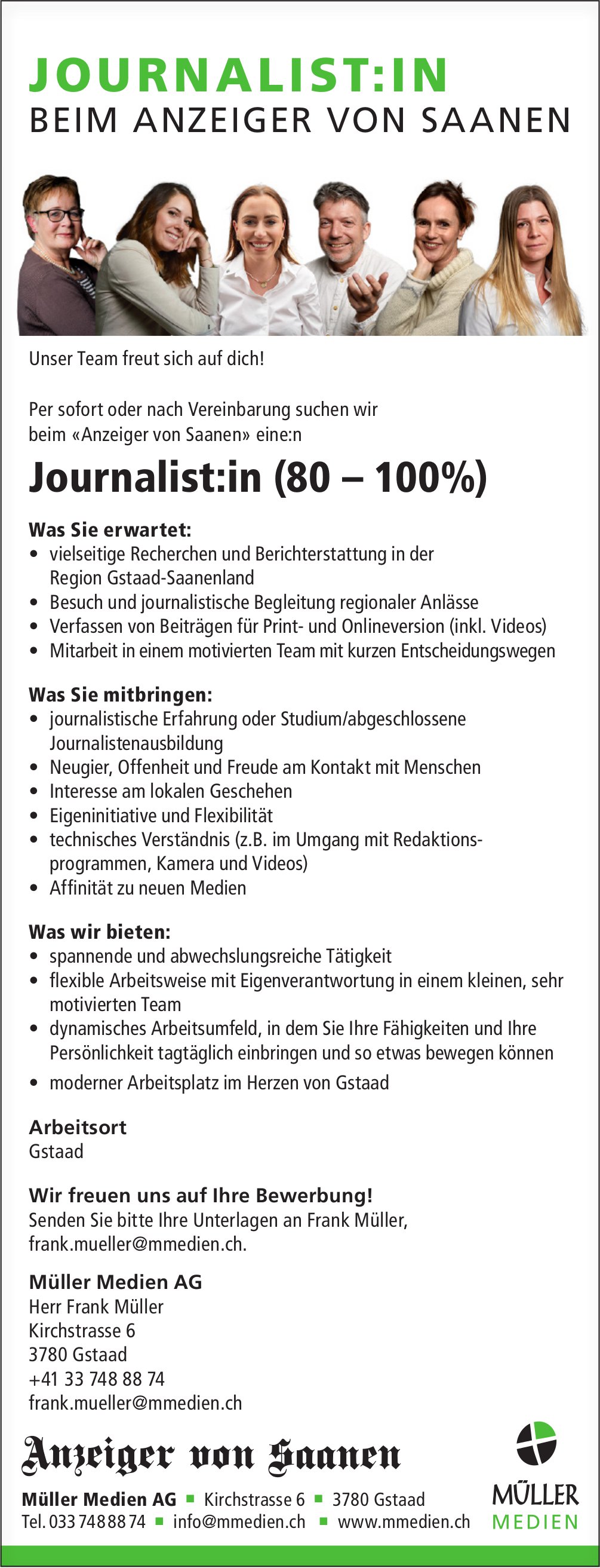 Journalist:in (80–100%), Müller Medien AG, Gstaad, gesucht