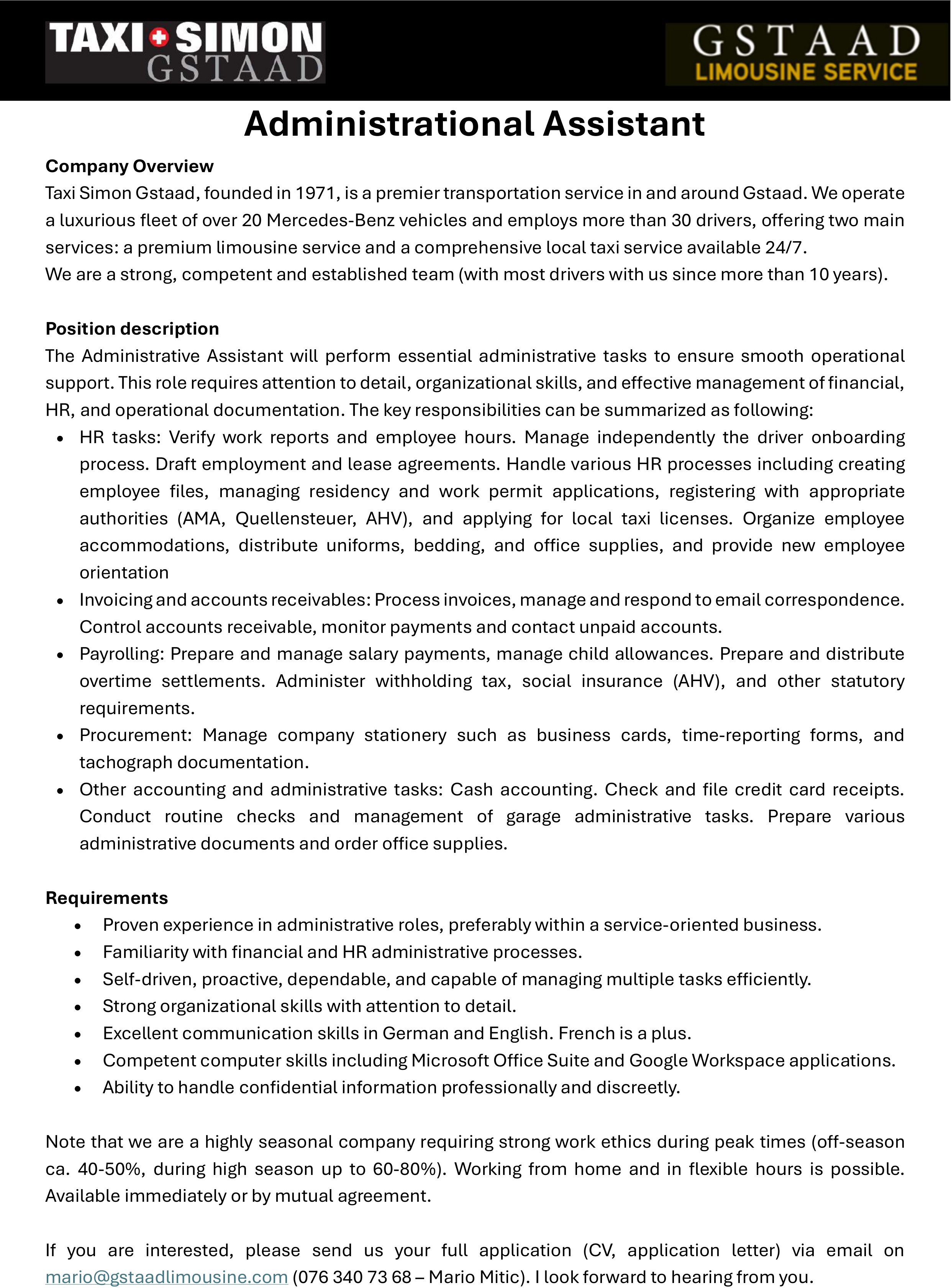 Administrational Assistant, Taxi Simon, Gstaad, gesucht