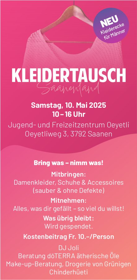 Kleidertausch, 10. Mai, Jugend- und Freizeitzentrum Oeyetli, Saanen