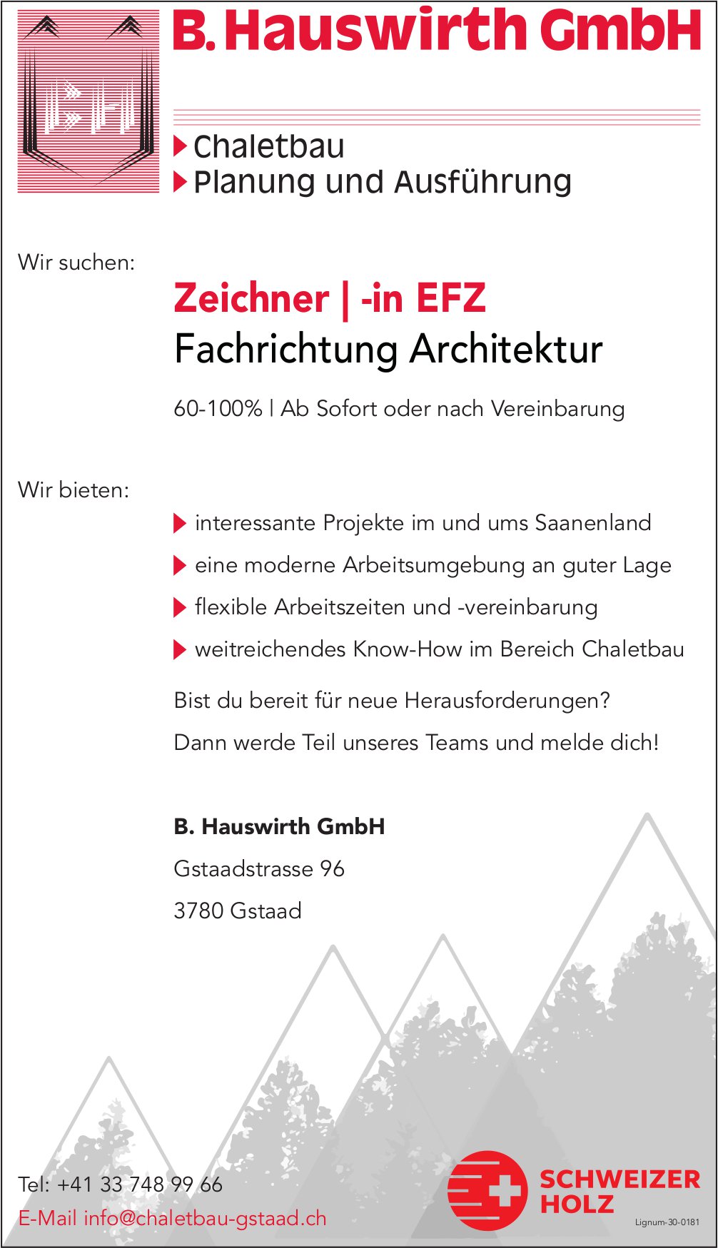 Zeichner/-in EFZ Fachrichtung Architektur, B. Hauswirth GmbH, Gstaad, gesucht