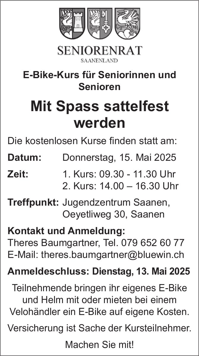 E-Bike-Kurs für Seniorinnen und Senioren, 15. Mai, Jugendzentrum, Saanen