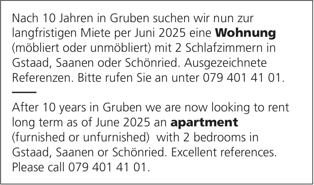 Wohnung, Gstaad, Saanen oder Schönried,  zu mieten gesucht