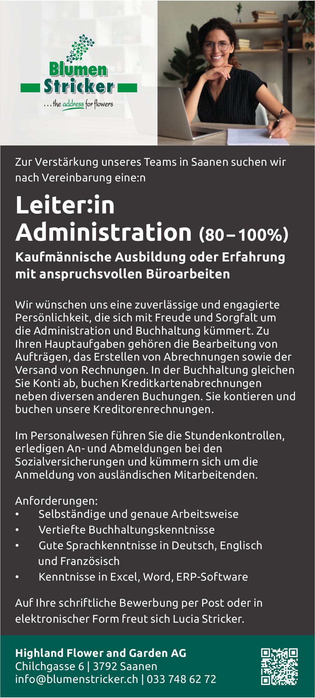 Leiter:in Administration (80 – 100%), Highland Flower and Garden AG, Saanen, gesucht