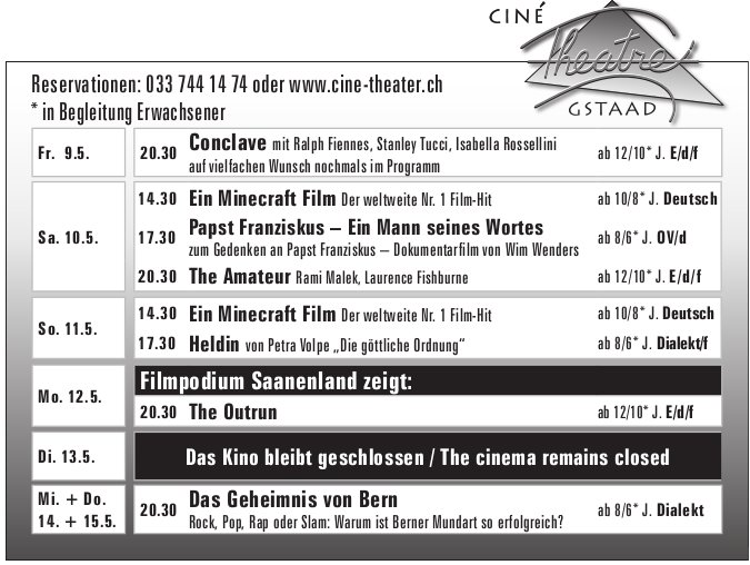 Kinoprogramm, 9. - 15. Mai, Ciné Theatre, Gstaad