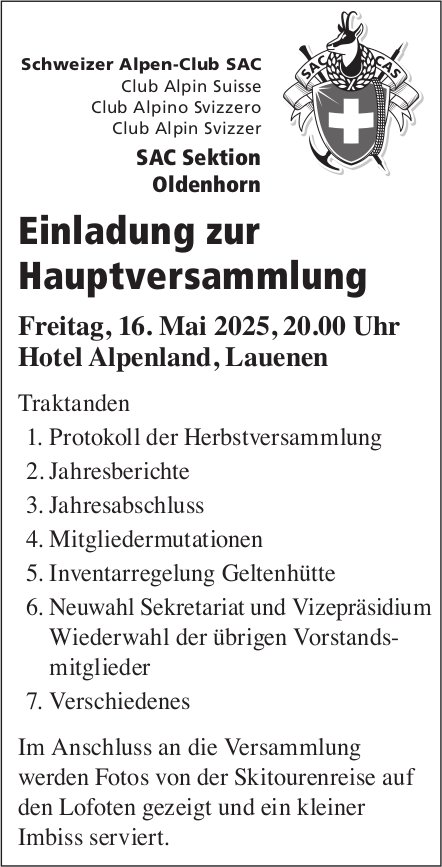 Einladung zur Hauptversammlung, 16. Mai, Hotel Alpenland, Lauenen