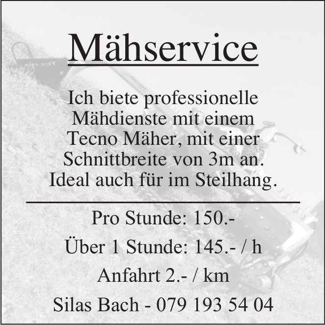 Mähservice - Ich biete professionelle Mähdienste mit einem Tecno Mäher, mit einer Schnittbreite von 3m an