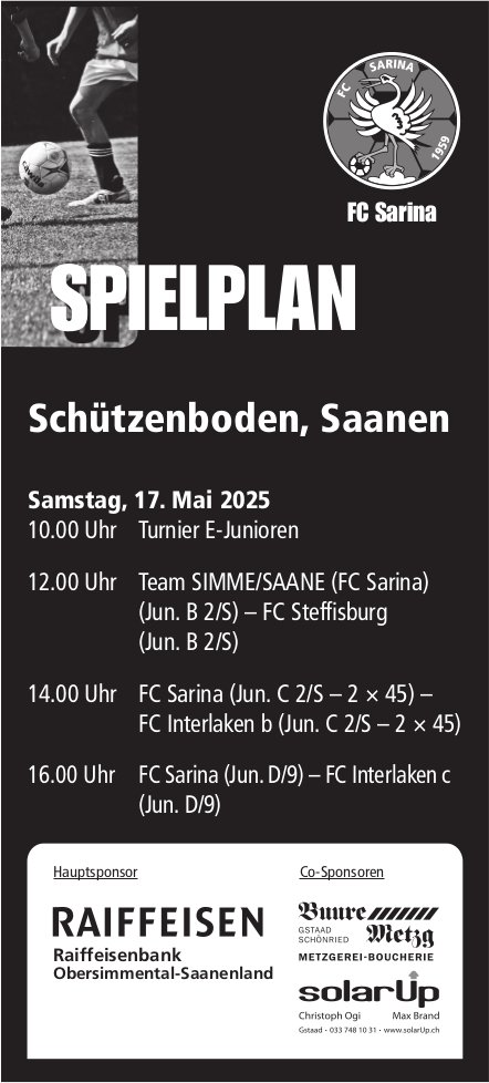 Spielplan FC Sarina, 17. Mai, Schützenboden, Saanen