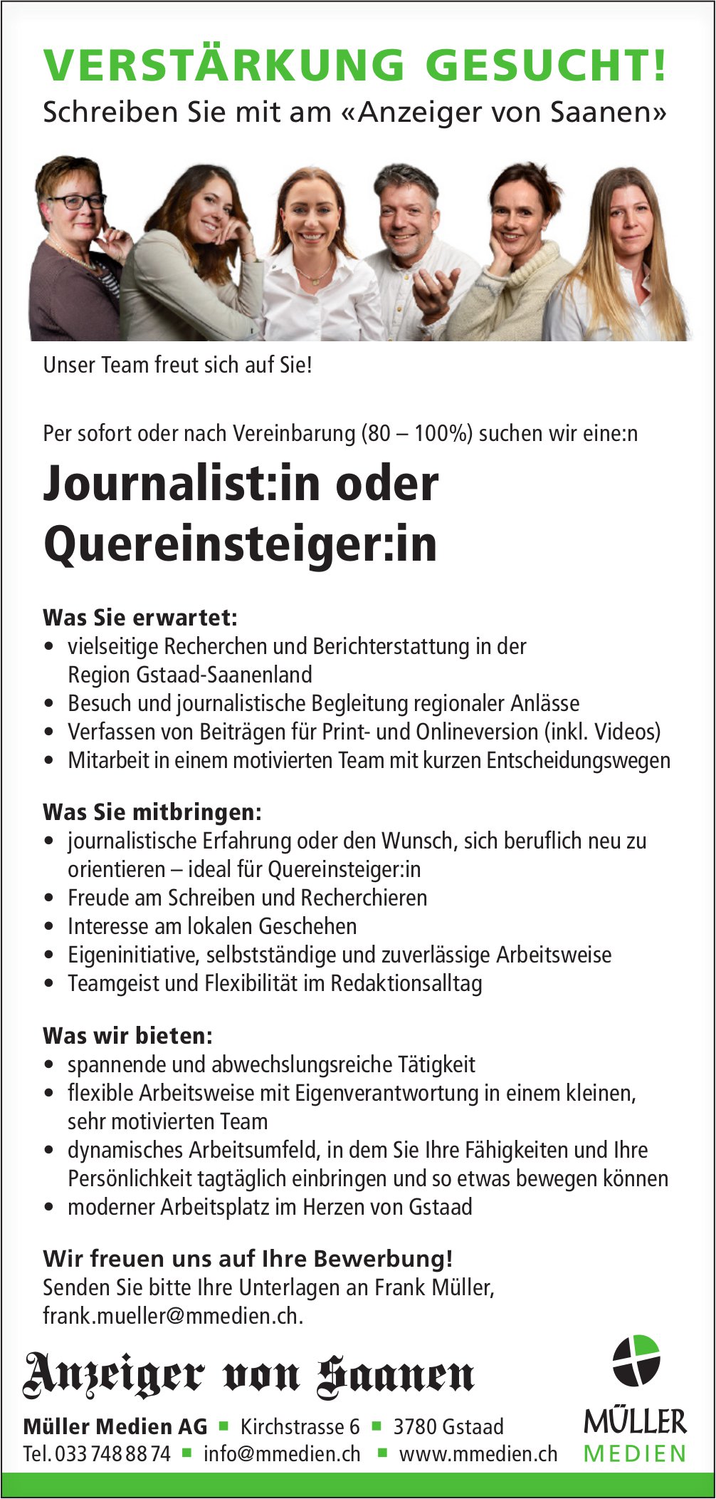 Journalist:in oder Quereinsteiger:in, Müller Medien AG, Gstaad, gesucht