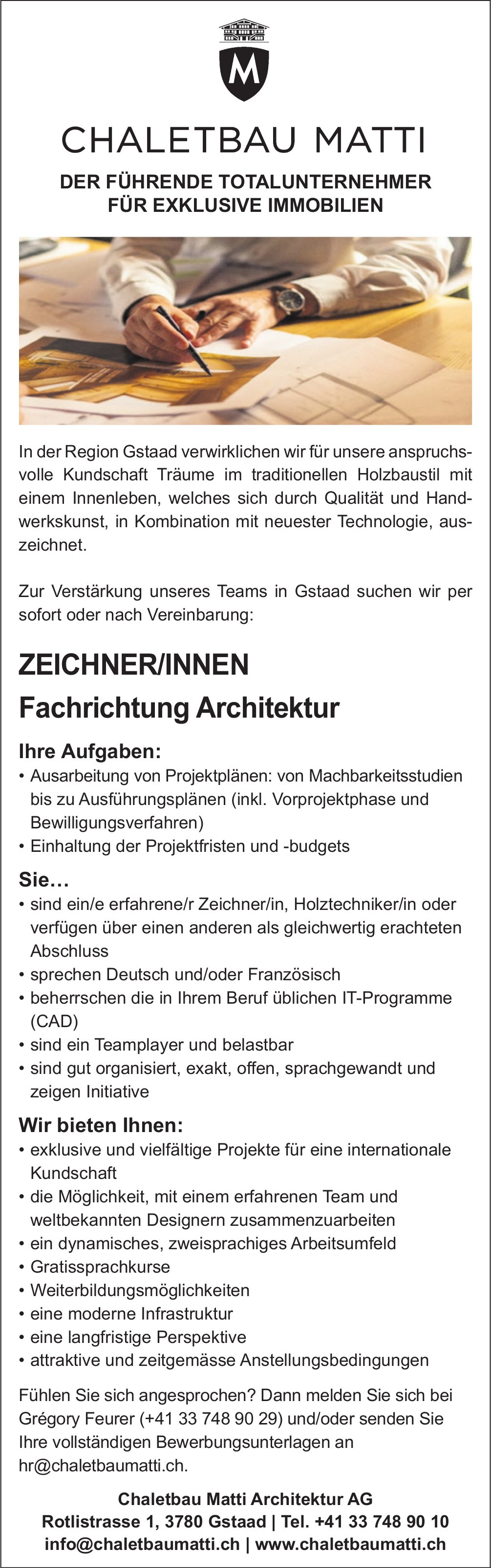 Zeichner/innen Fachrichtung Architektur, Chaletbau Matti Architektur AG, Gstaad, gesucht