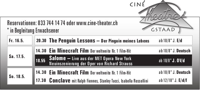 Kinoprogramm, 16. - 18. Mai, Ciné Theatre, Gstaad