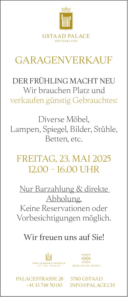 Garagenverkauf, 23. Mai, Gstaad Palace