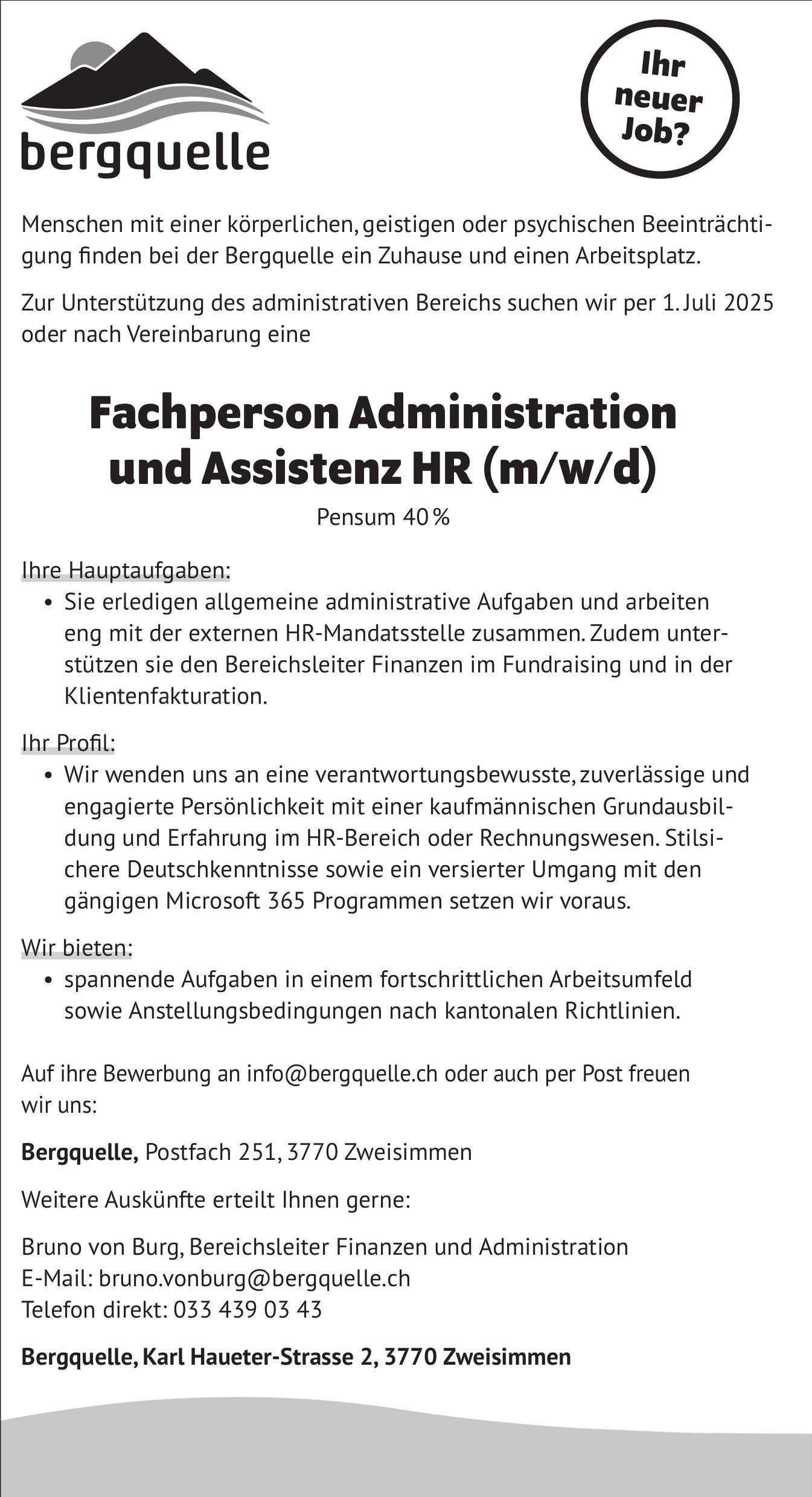 Fachperson Administration und Assistenz HR (m/w/d), Bergquelle, Zweisimmen, Gesucht