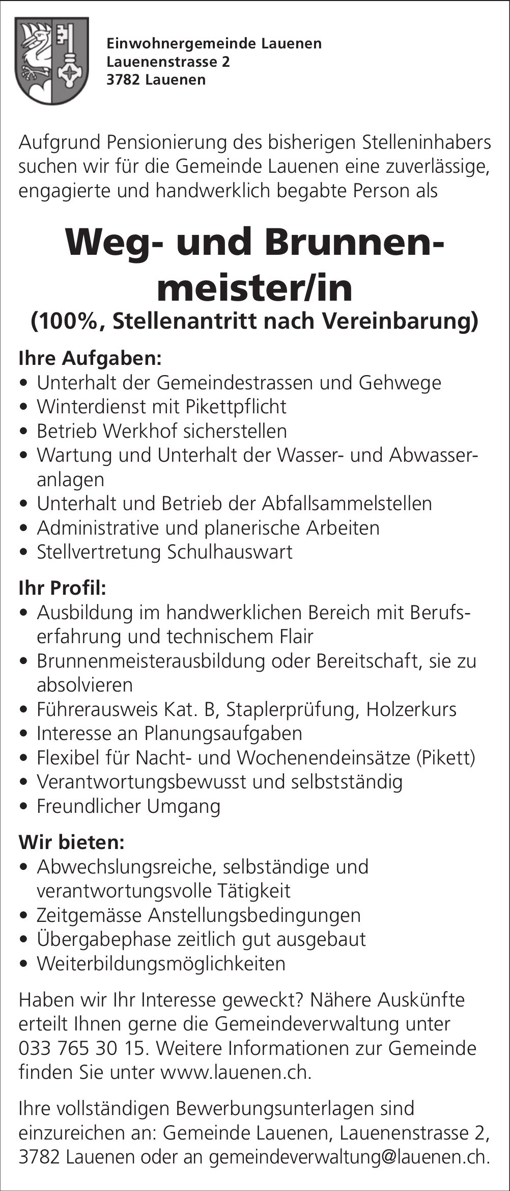 Weg- und Brunnenmeister/in, Gemeinde Lauenen, Gesucht