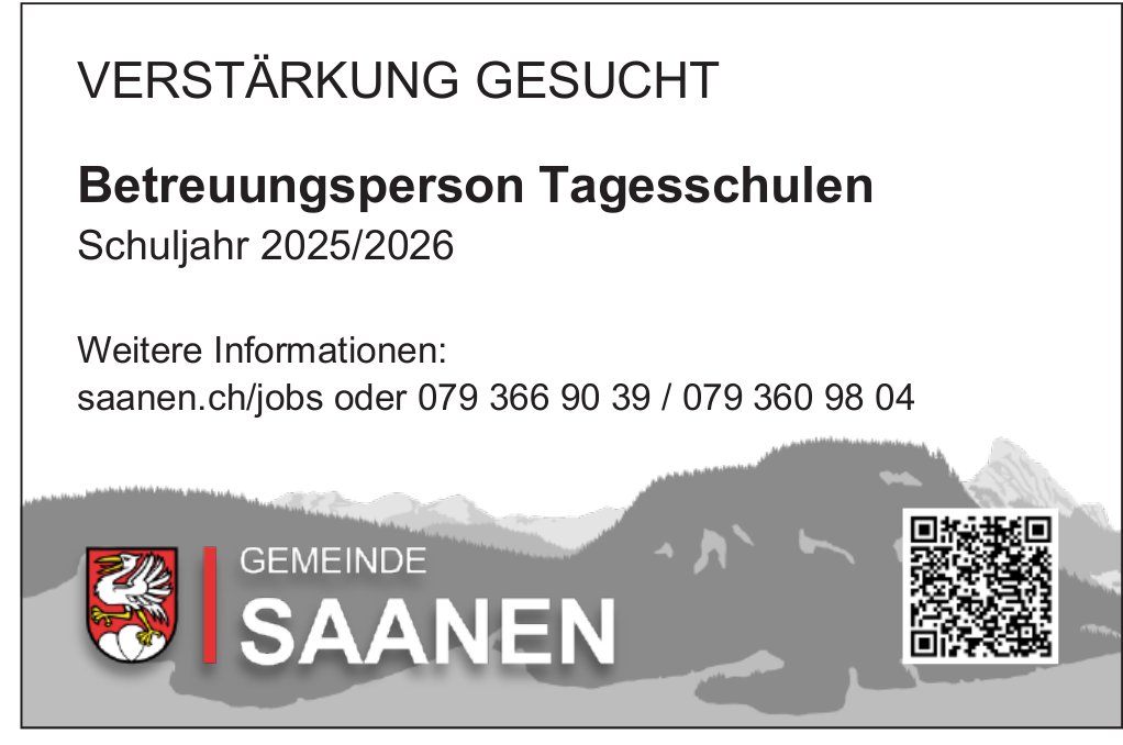 Betreuungsperson Tagesschulen, Gemeinde Saanen, Gesucht