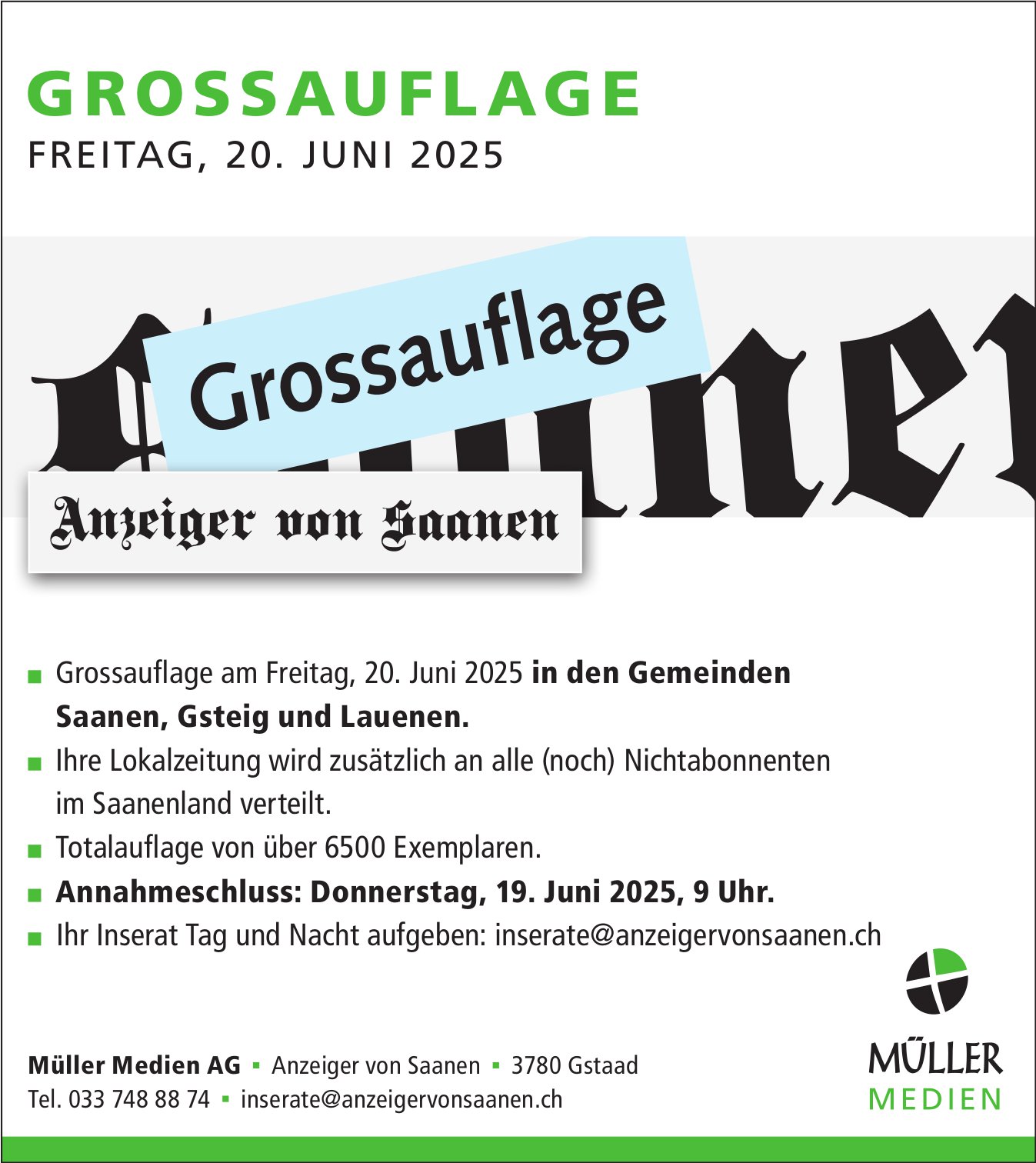 Müller Medien AG, Gstaad - Grossauflage am Freitag, 20. Juni 2025 in den Gemeinden Saanen, Gsteig und Lauenen.